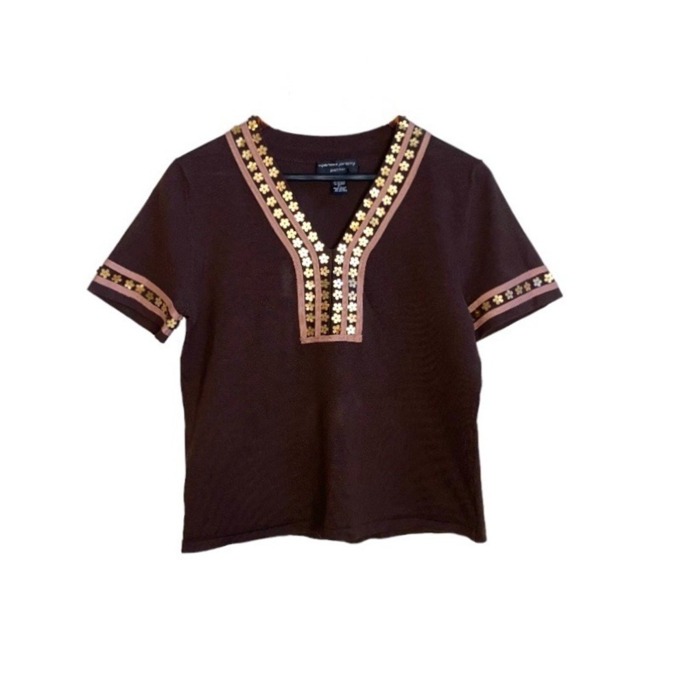 Vintage Brown/Gold Flower Sequin Trimmed V-Neck Short Sleeve Silk Blend Top